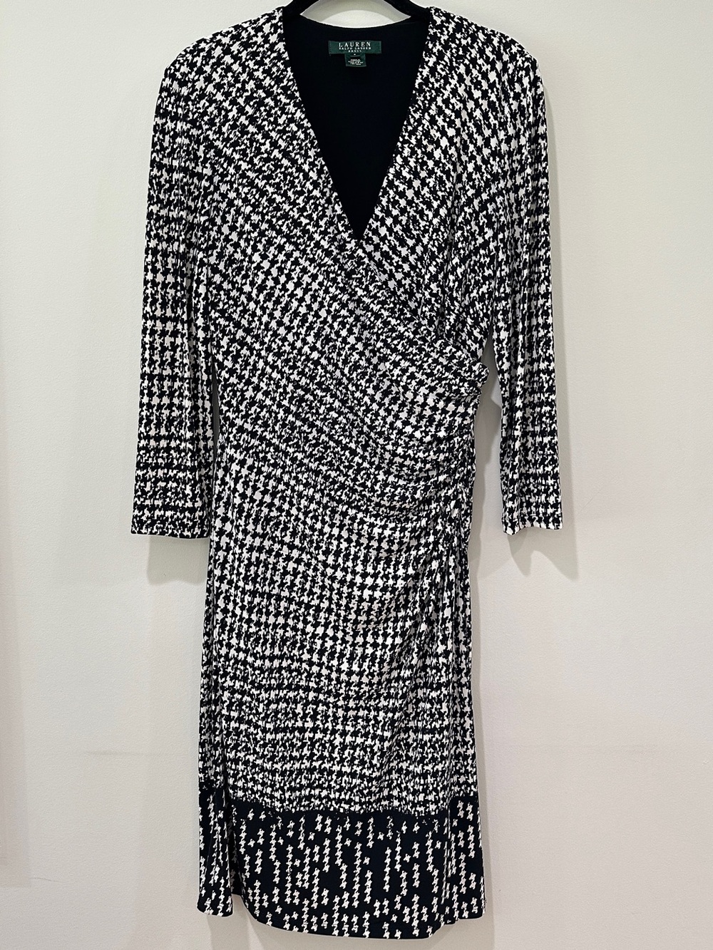 Lauren Ralph Lauren Houndstooth Wrap Dress Black White Autumn Workwear Sz 6